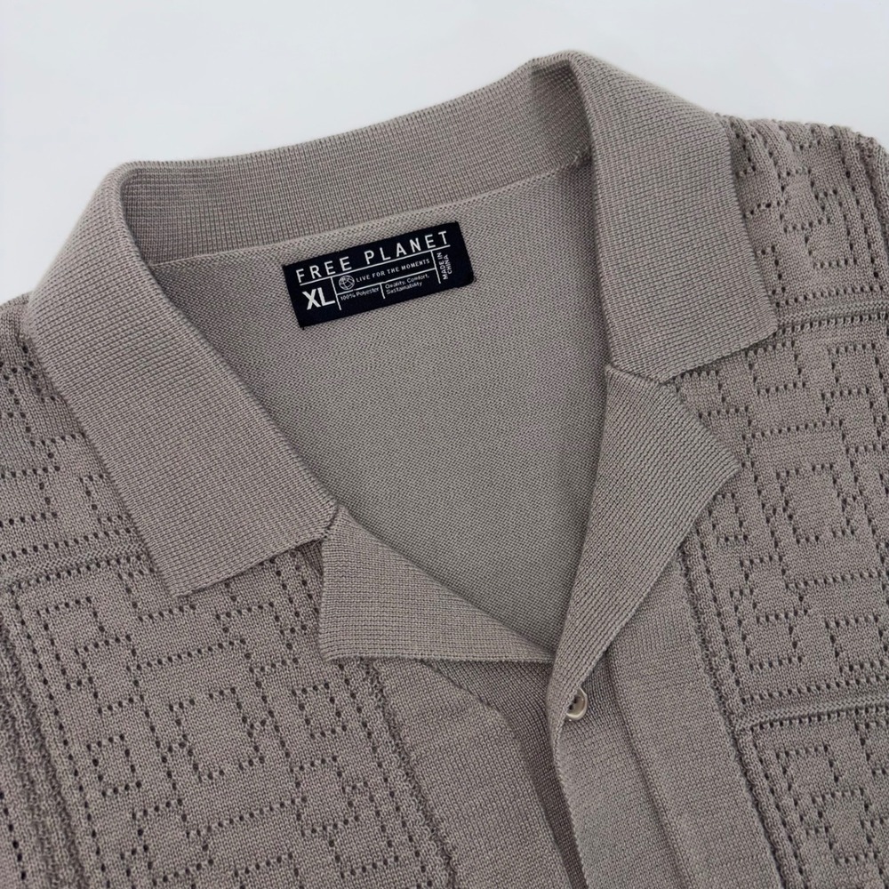 Free Planet Mens XL Taupe Brown Geometric Pointelle Knit Button Down Sweater